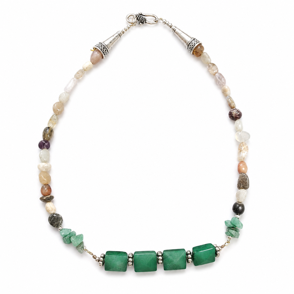 Close-up view of Aventurine Mosaic Oxidised Necklace showing handcrafted details