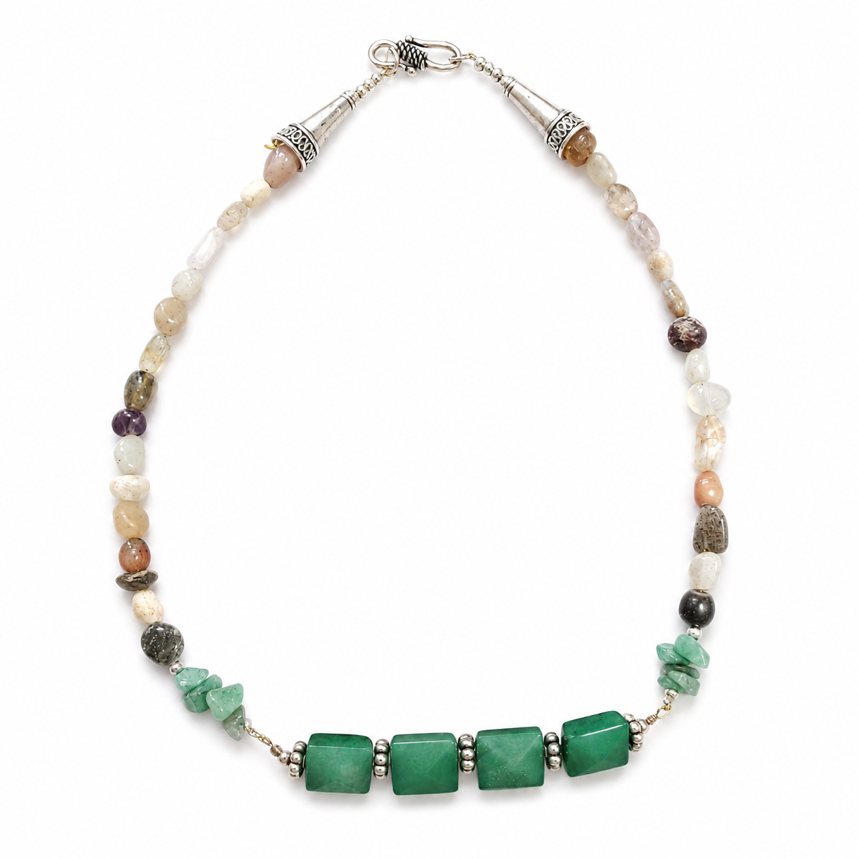 Close-up view of Aventurine Mosaic Oxidised Necklace showing handcrafted details