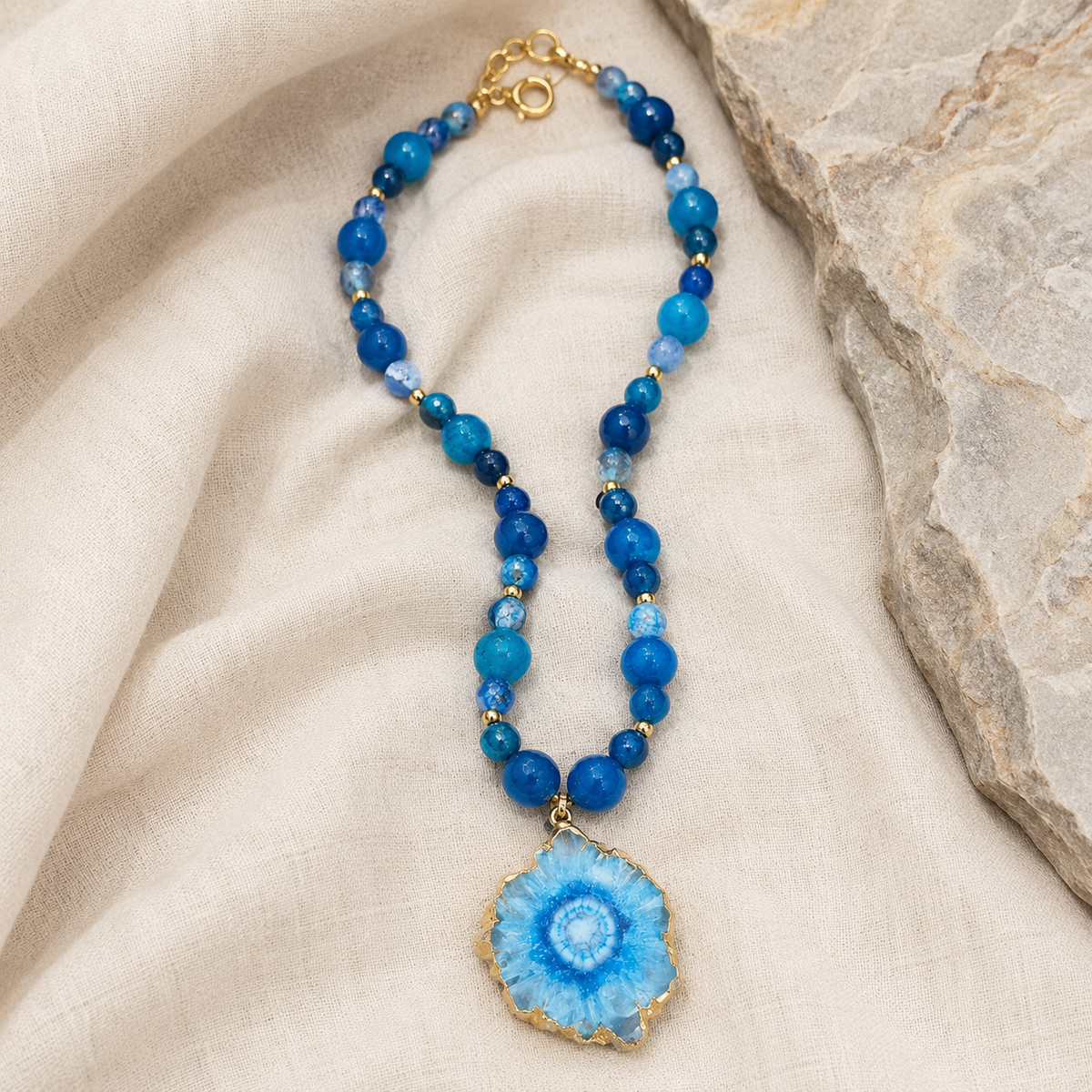 Turquoise Tide Blue Onyx Slice Pendant Necklace – view 5 | Pathrohi