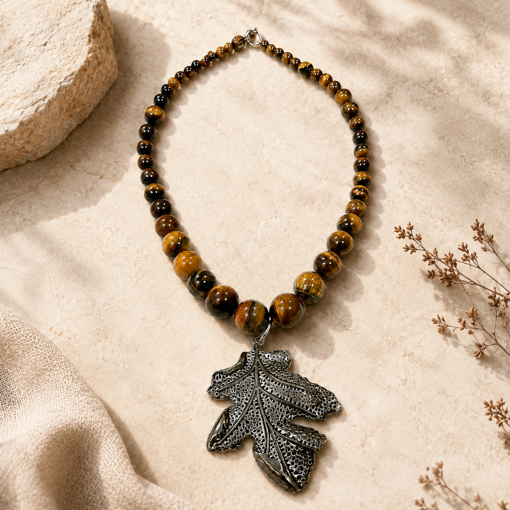 Front view of Tiger Eye Leaf Pendant Necklace handcrafted by Pathrohi