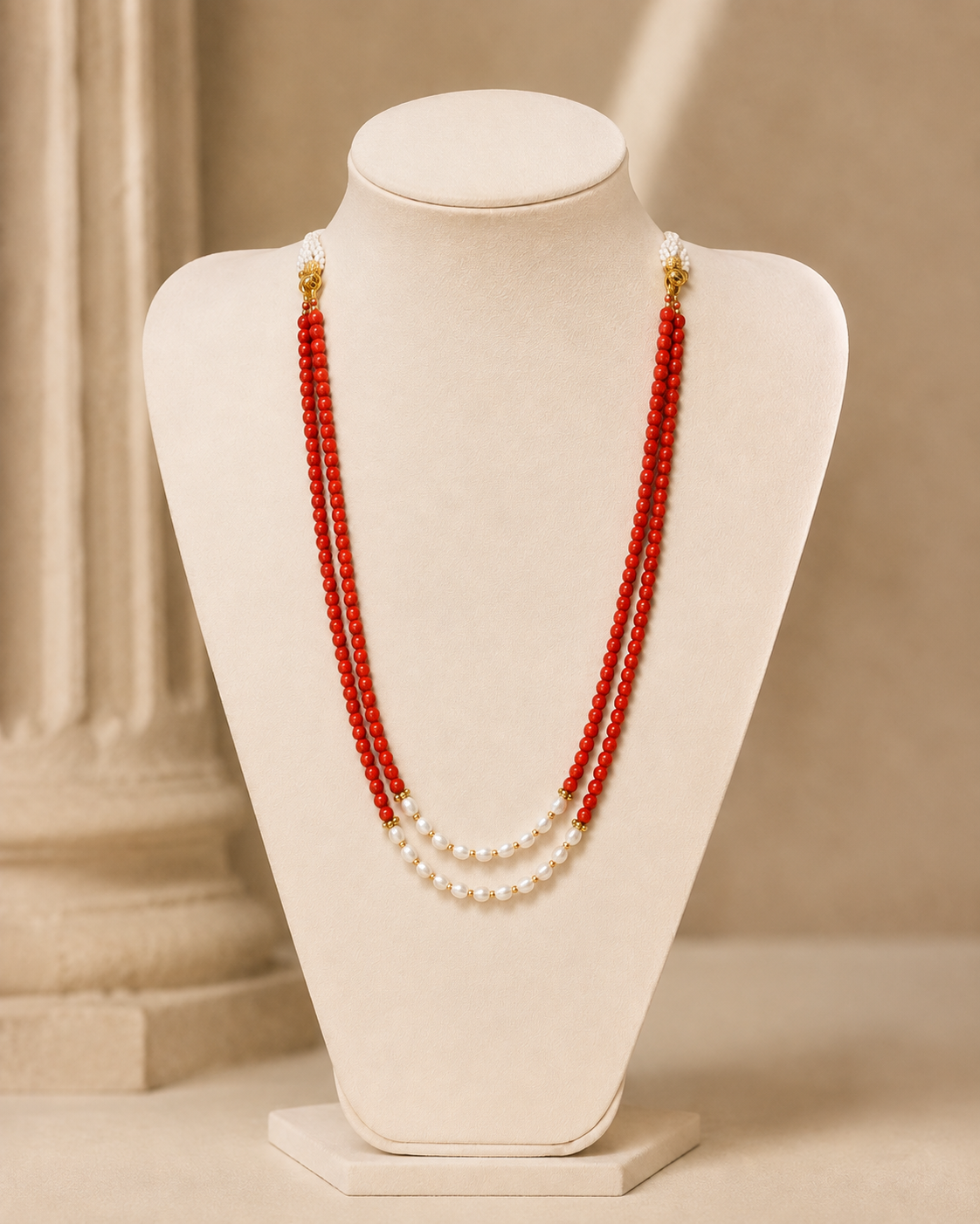 Coral & Pearl Crest Two-Layer Necklace – view 3 | Pathrohi