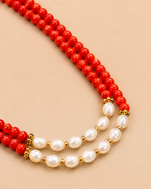 Coral & Pearl Crest Two-Layer Necklace – view 1 | Pathrohi