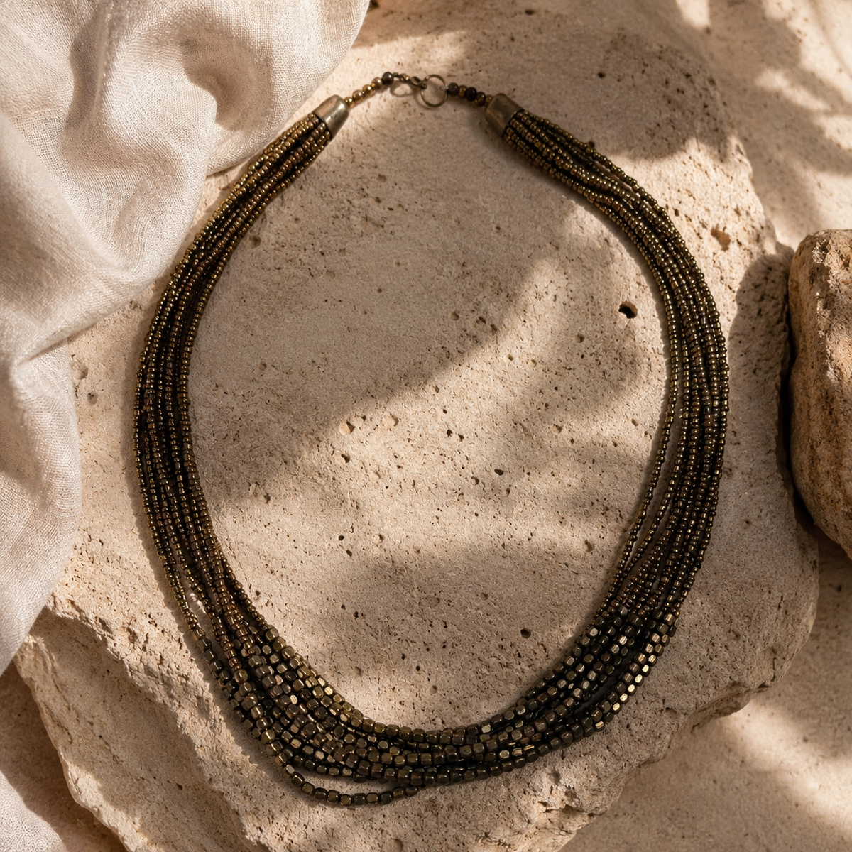 Full view of Antique Bronze Multi-Strand Collar Set showing necklace proportions