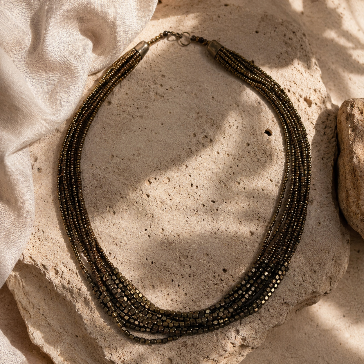 Full view of Antique Bronze Multi-Strand Collar Set showing necklace proportions