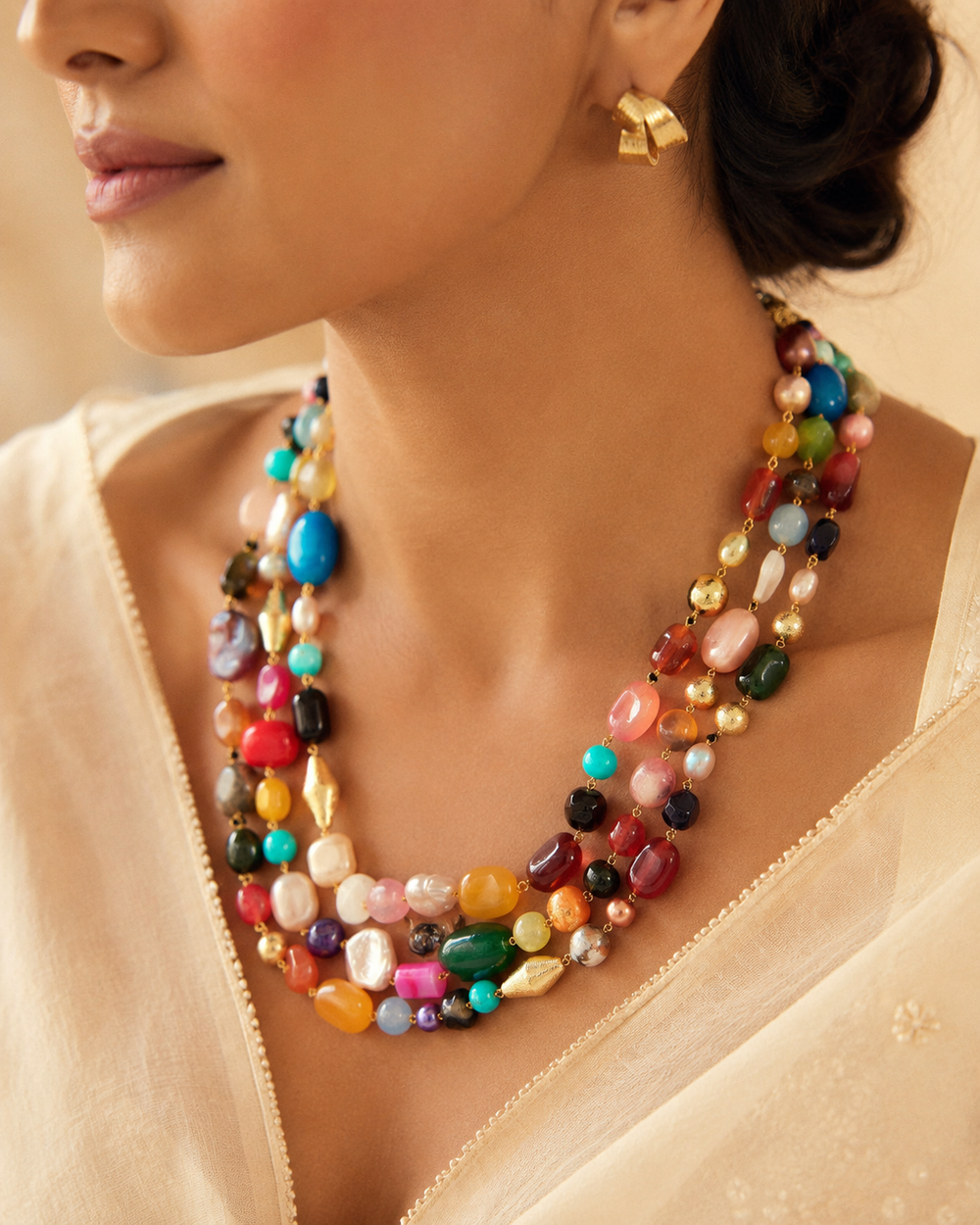 Close-up view of Multicolour Agate Three-Layer Necklace showing handcrafted details