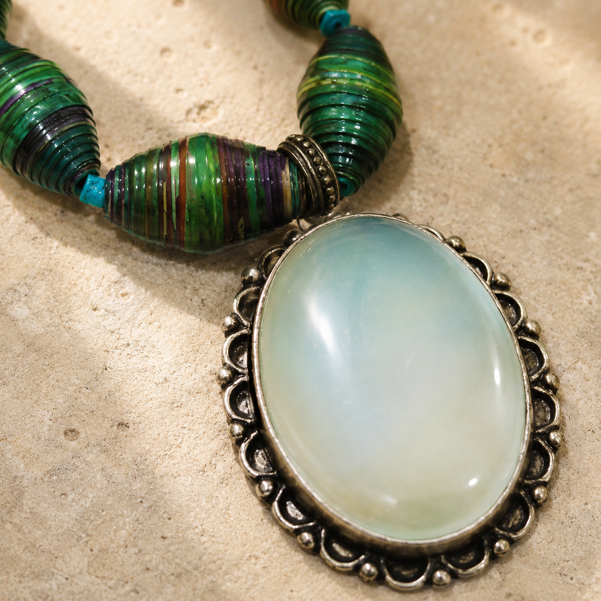 Detailed view of Forest Moon Pendant Necklace showing stone and bead arrangement
