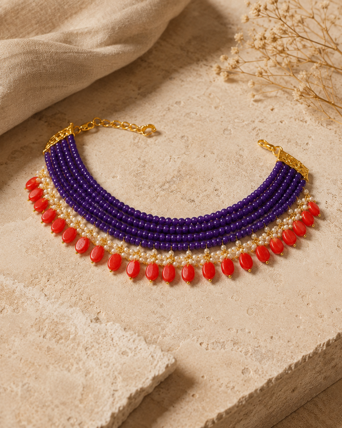 Amethyst Violet & Coral Oval-Drop Agate Choker – view 6 | Pathrohi