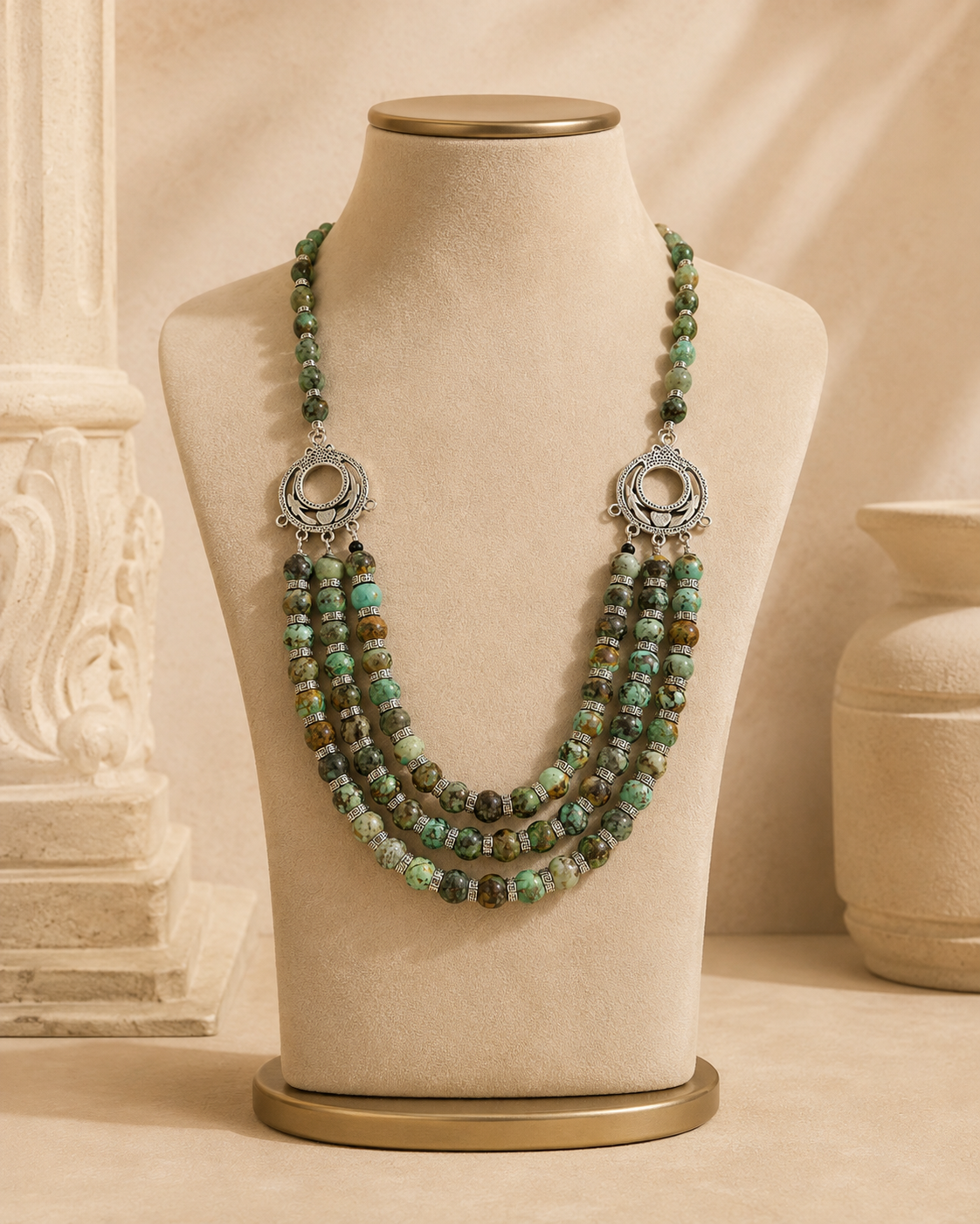 African Turquoise Three-Layer Silver Accent Necklace – view 10 | Pathrohi