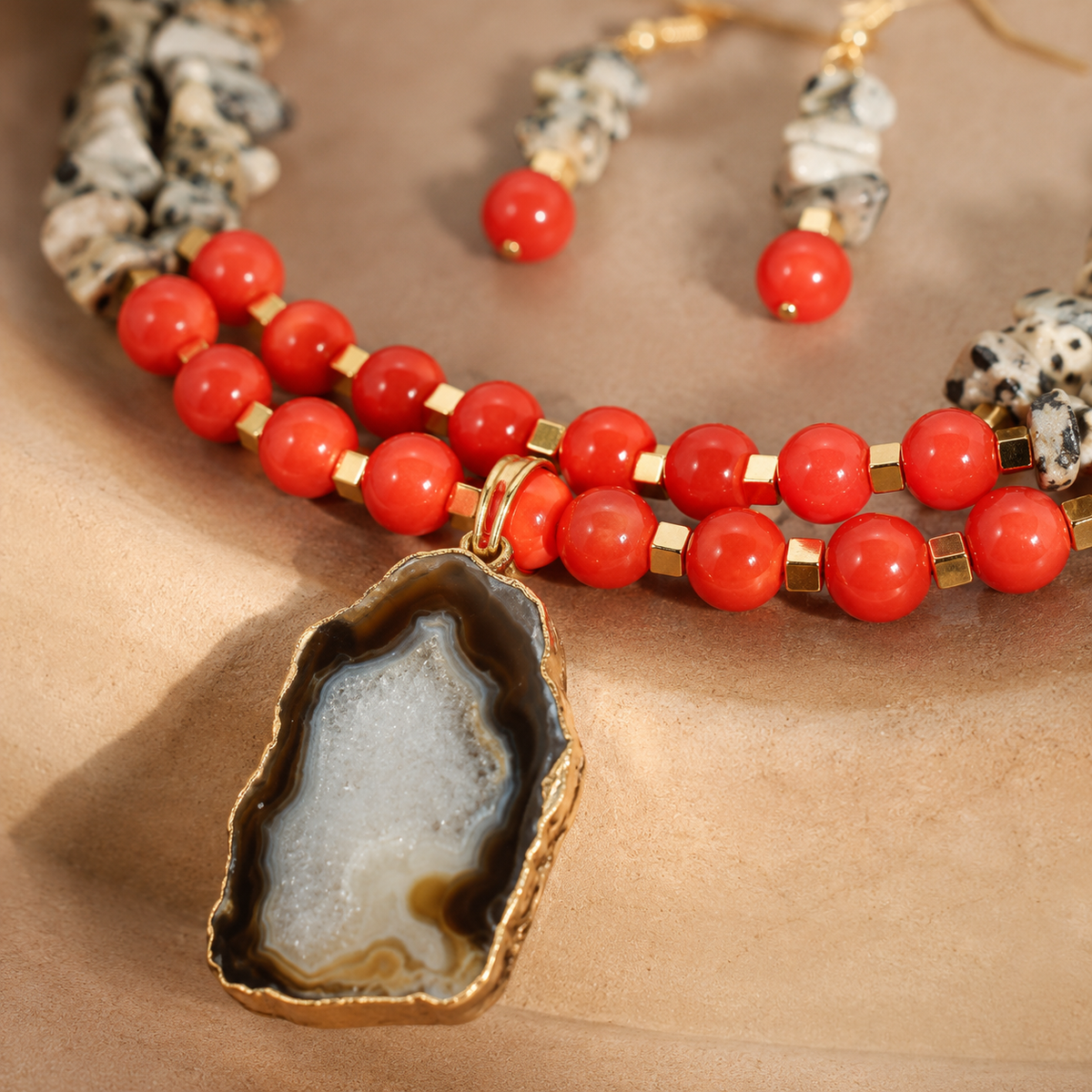 Detailed view of Scarlet Speckled Agate Slice Necklace Set showing stone and bead arrangement
