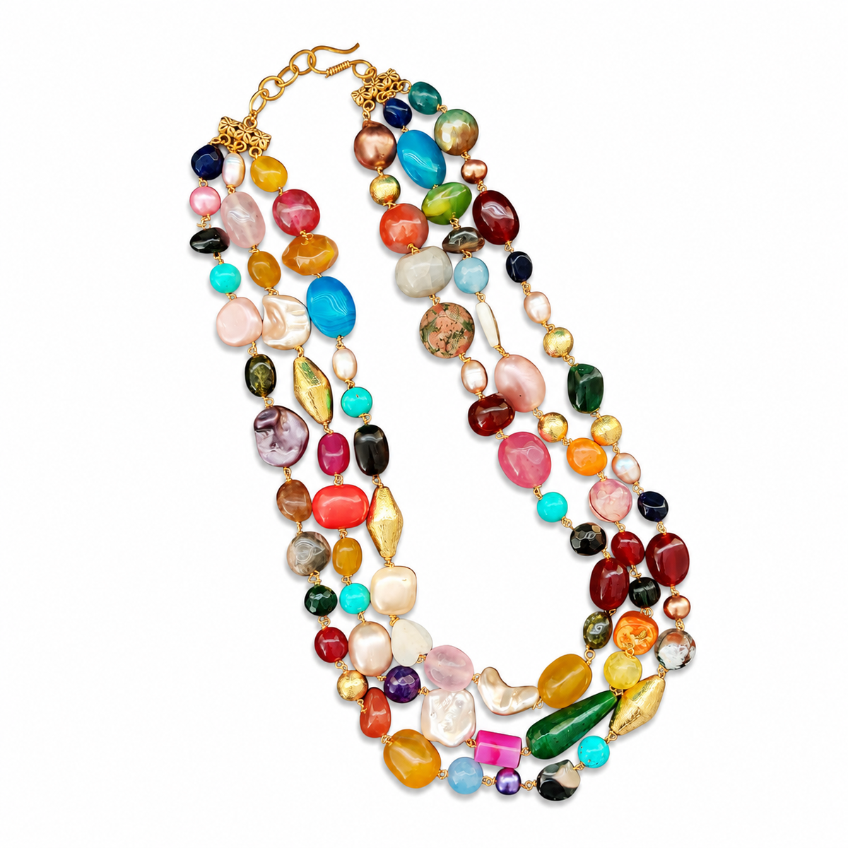 Detailed view of Multicolour Agate Three-Layer Necklace showing stone and bead arrangement