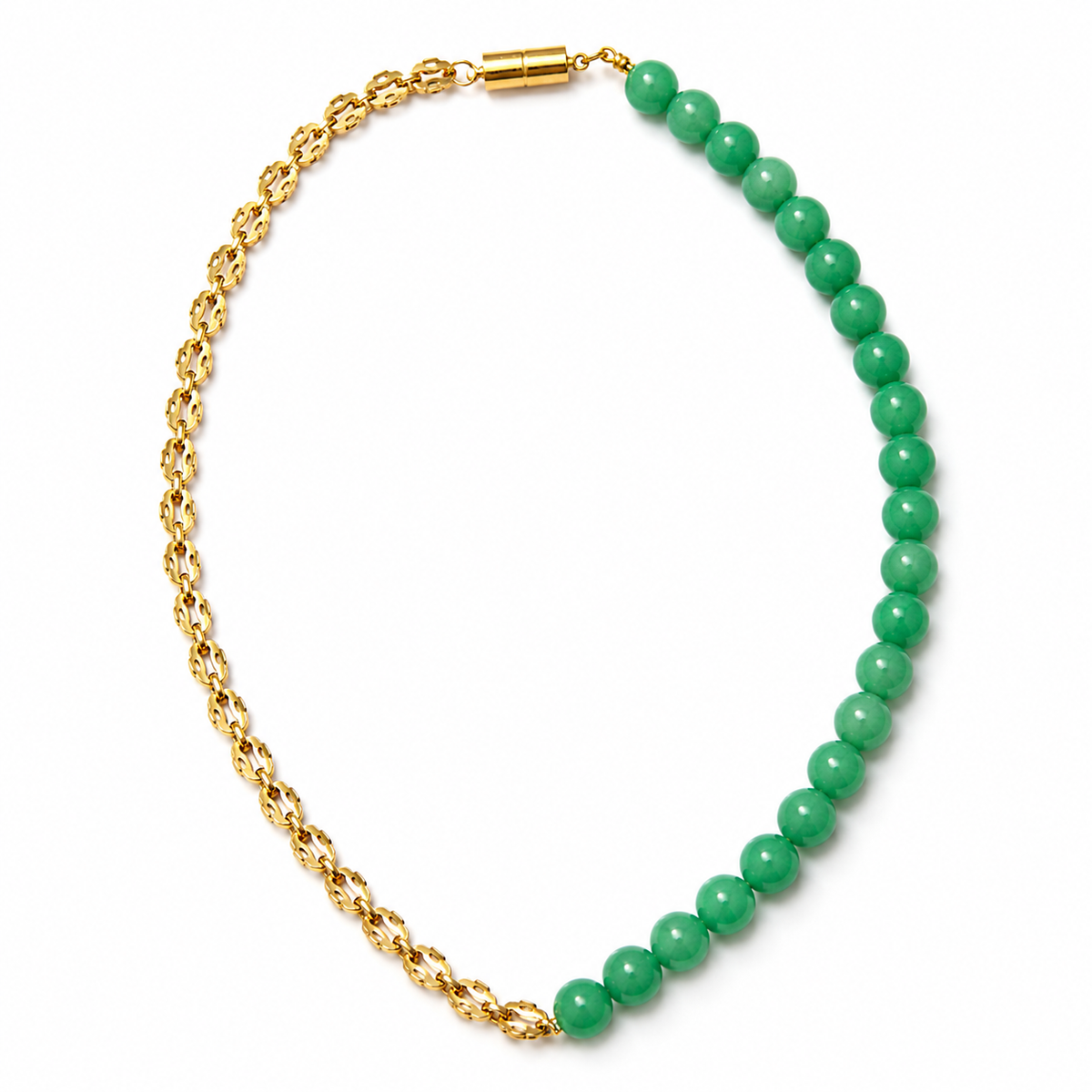 Close-up view of Green Agate Half-Chain Bead Necklace showing handcrafted details