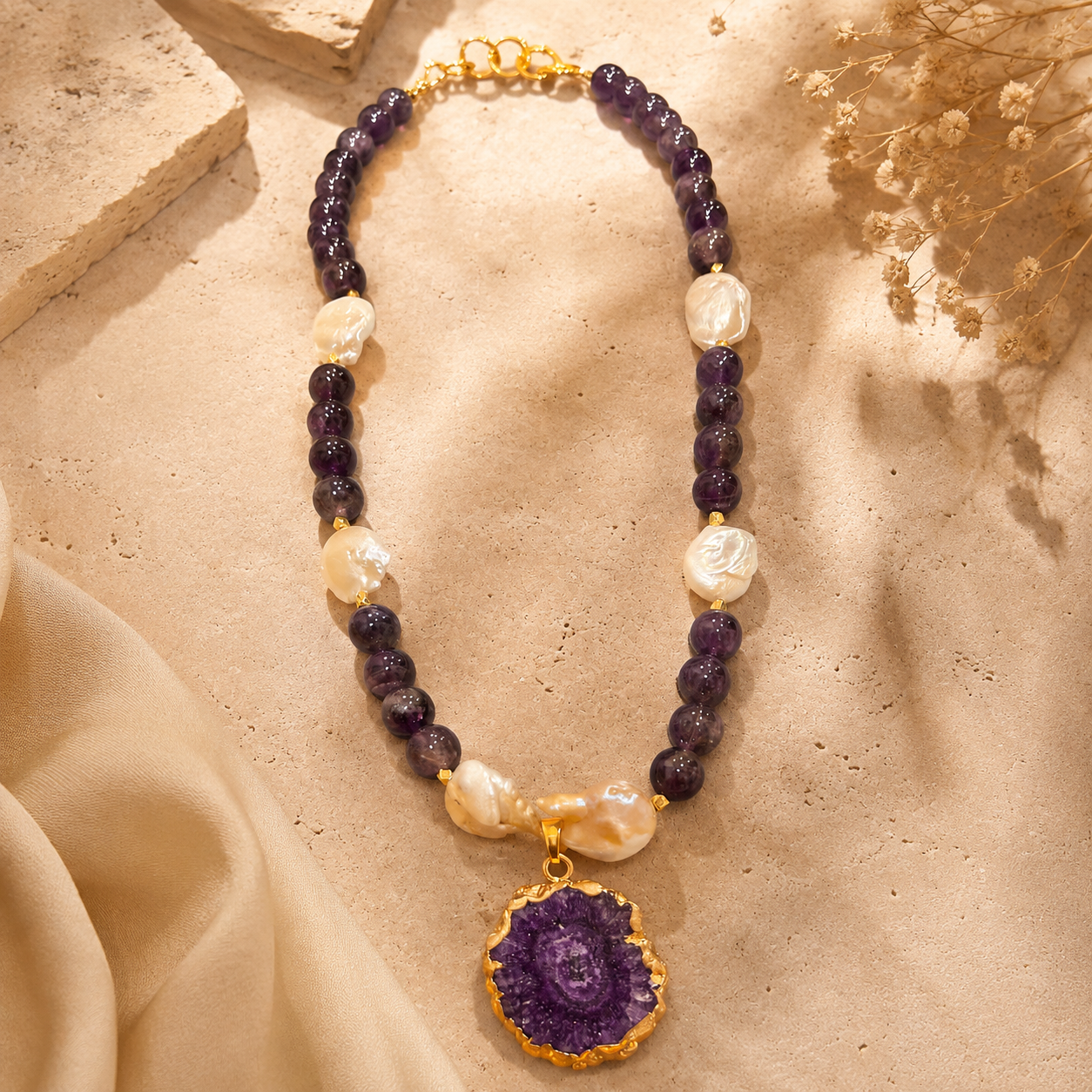 Violet Pearl Amethyst Geode Pendant Necklace – view 7 | Pathrohi
