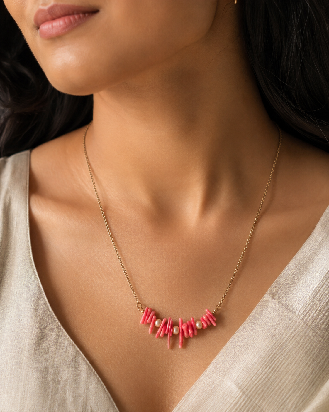Coral Whisper Pearl Mini Necklace – view 7 | Pathrohi