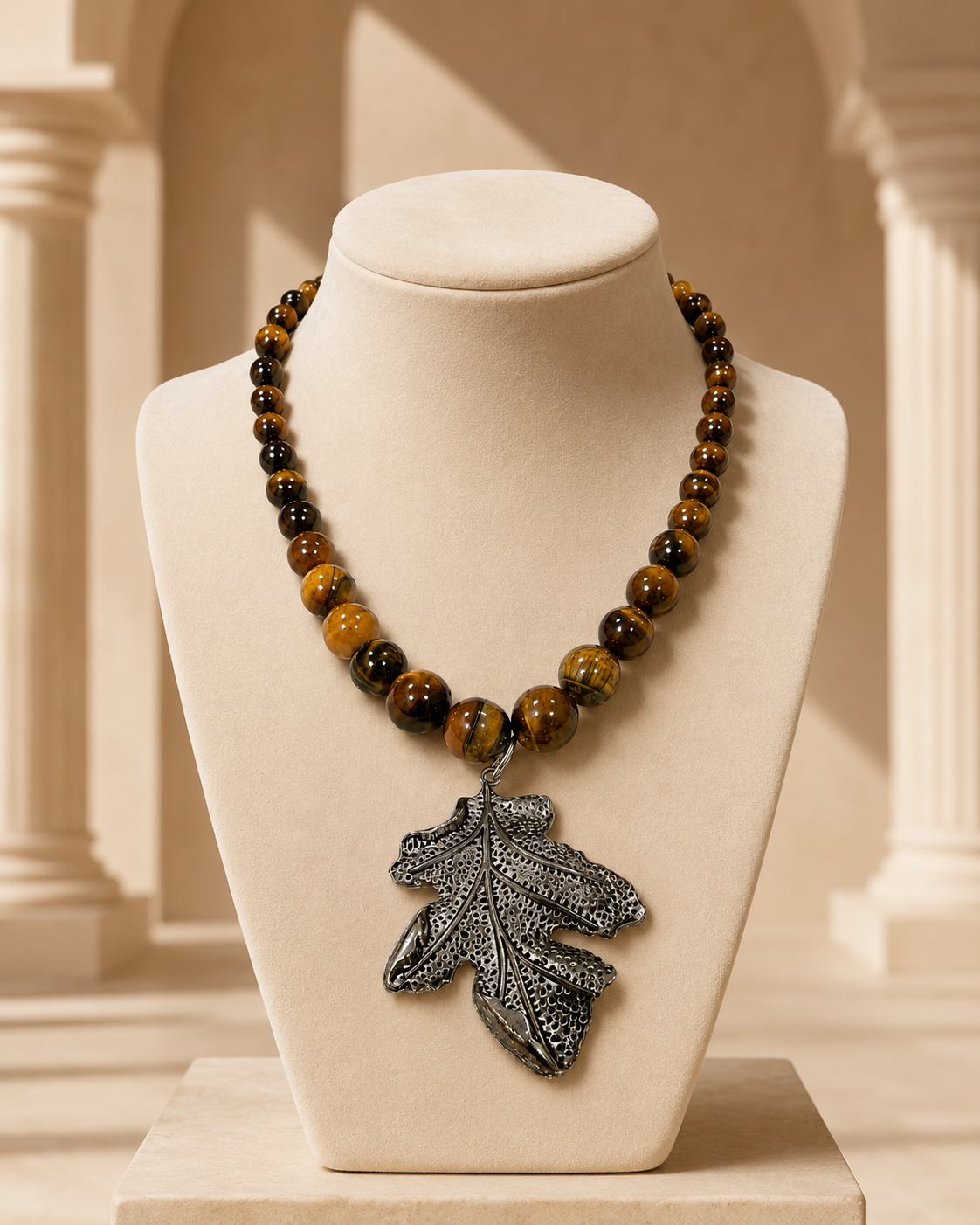 Angled view of Tiger Eye Leaf Pendant Necklace handcrafted by Pathrohi