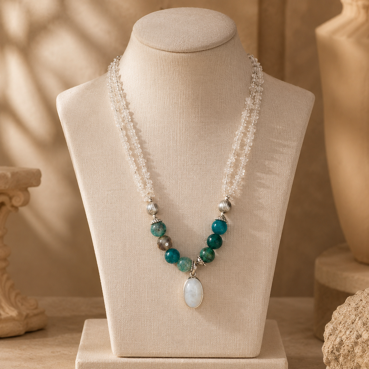 Full view of Clear Stone & Aqua Agate Drop Necklace showing necklace proportions