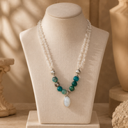 Full view of Clear Stone & Aqua Agate Drop Necklace showing necklace proportions