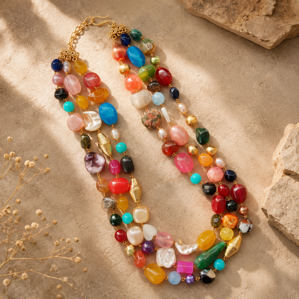 Angled view of Multicolour Agate Three-Layer Necklace handcrafted by Pathrohi