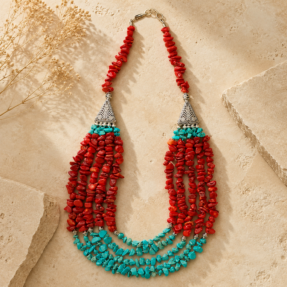 Front view of Crimson Aqua Agate Multi-Strand Necklace handcrafted by Pathrohi