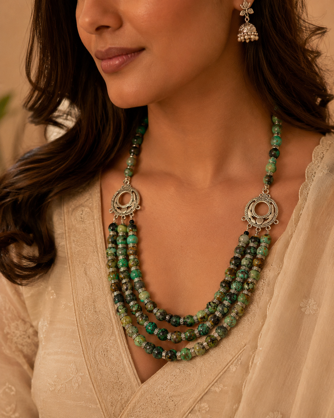 African Turquoise Three-Layer Silver Accent Necklace – view 2 | Pathrohi