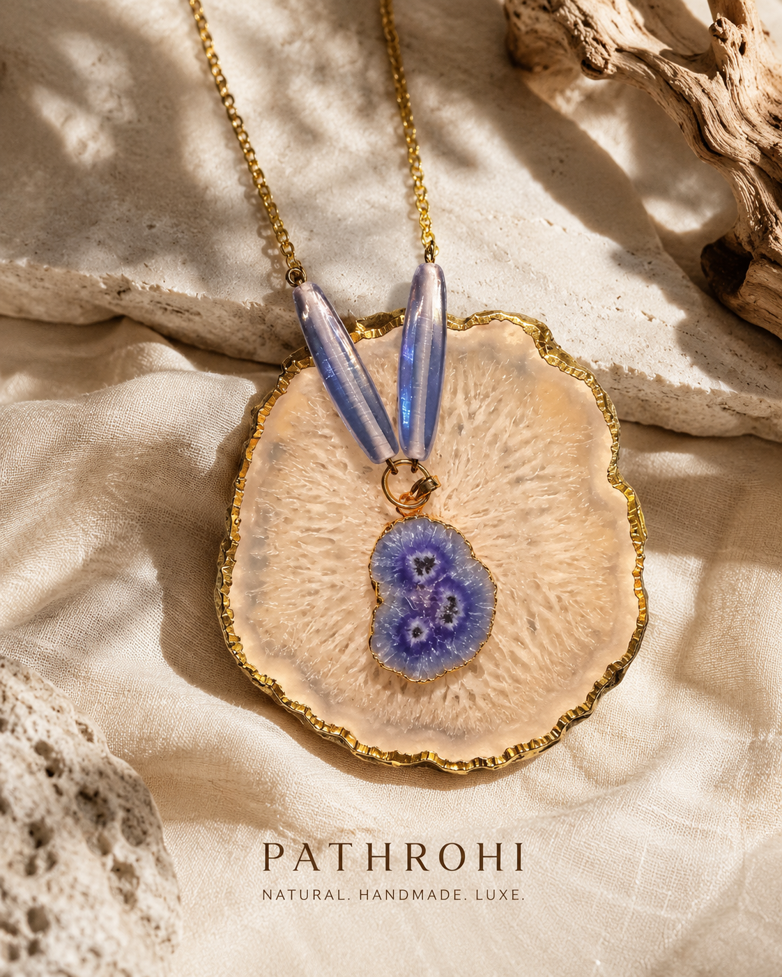 Close-up of Lilac Agate Slice Locket Necklace showing pendant and finishing details