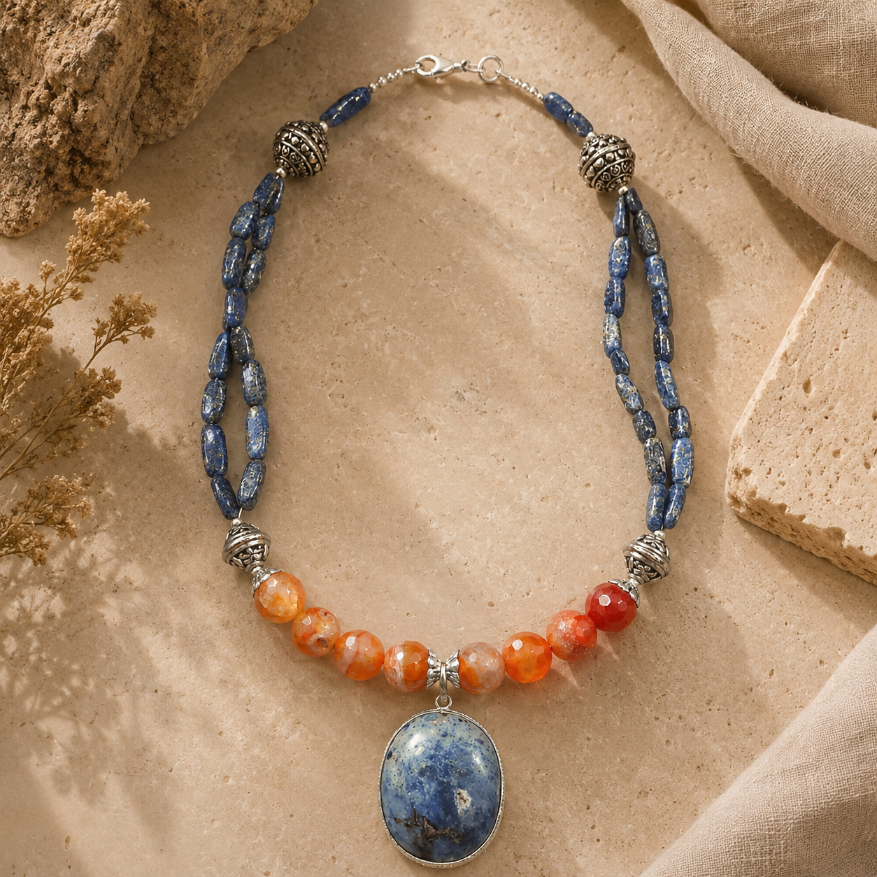 Front view of Blue & Orange Agate Oval Pendant Necklace handcrafted by Pathrohi