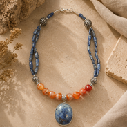 Front view of Blue & Orange Agate Oval Pendant Necklace handcrafted by Pathrohi