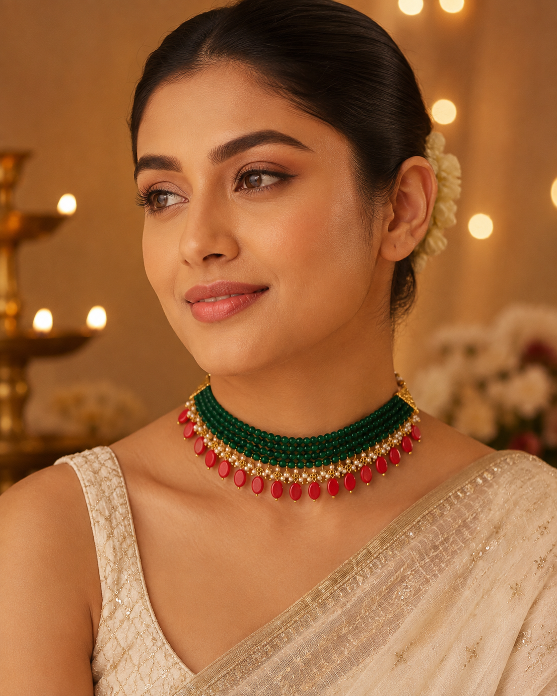Maragatha Green & Coral Agate Choker – view 8 | Pathrohi