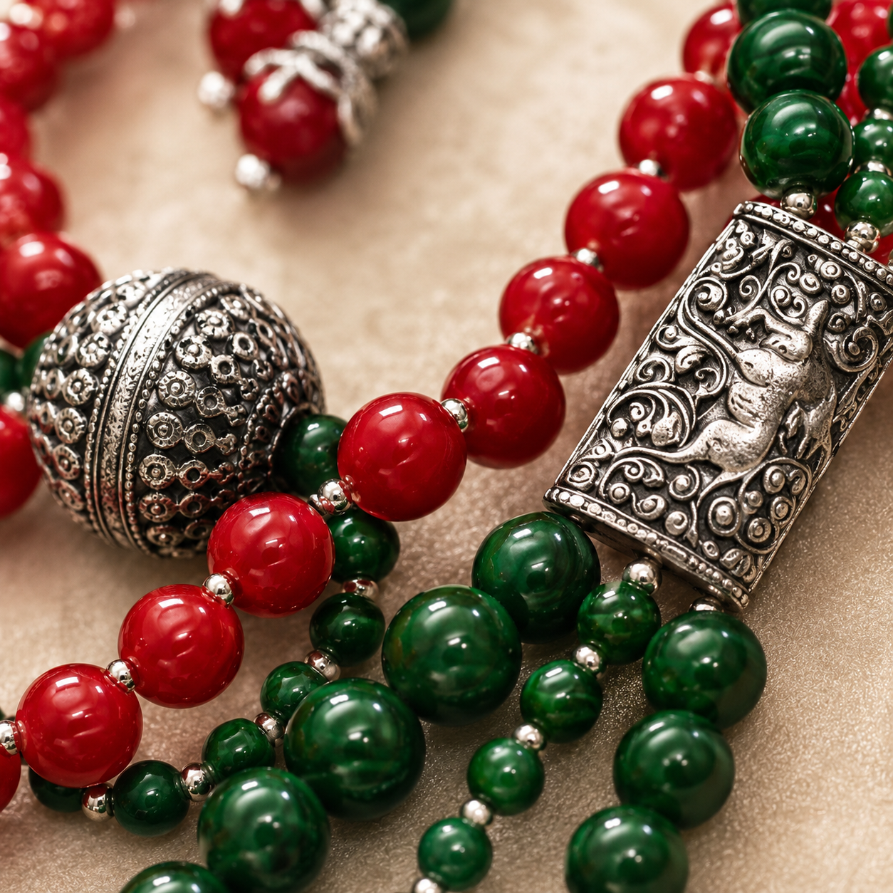 Front view of Ruby Green Multi-Layer Statement Set handcrafted by Pathrohi