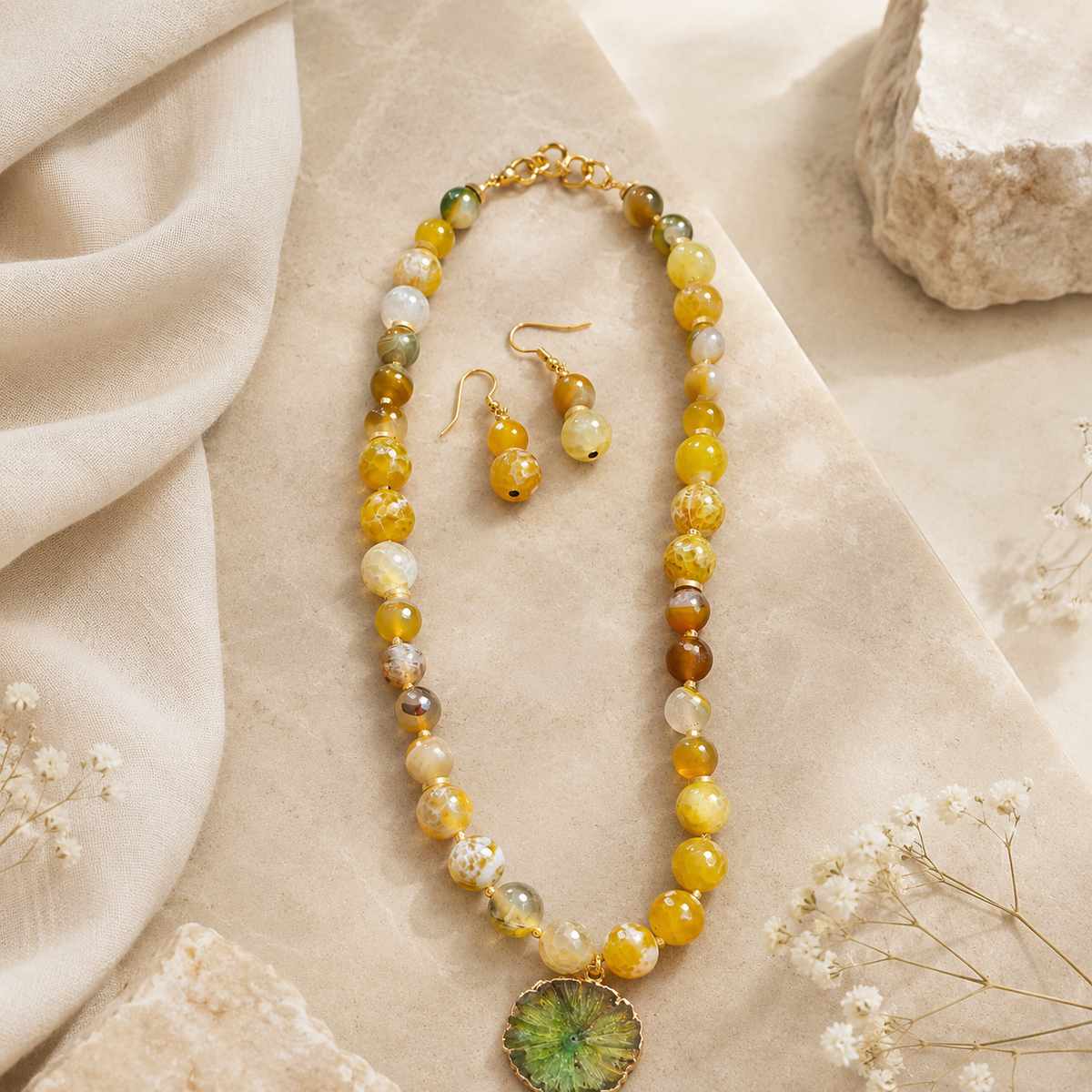 Angled view of Citrine Solar Bloom Necklace Set handcrafted by Pathrohi