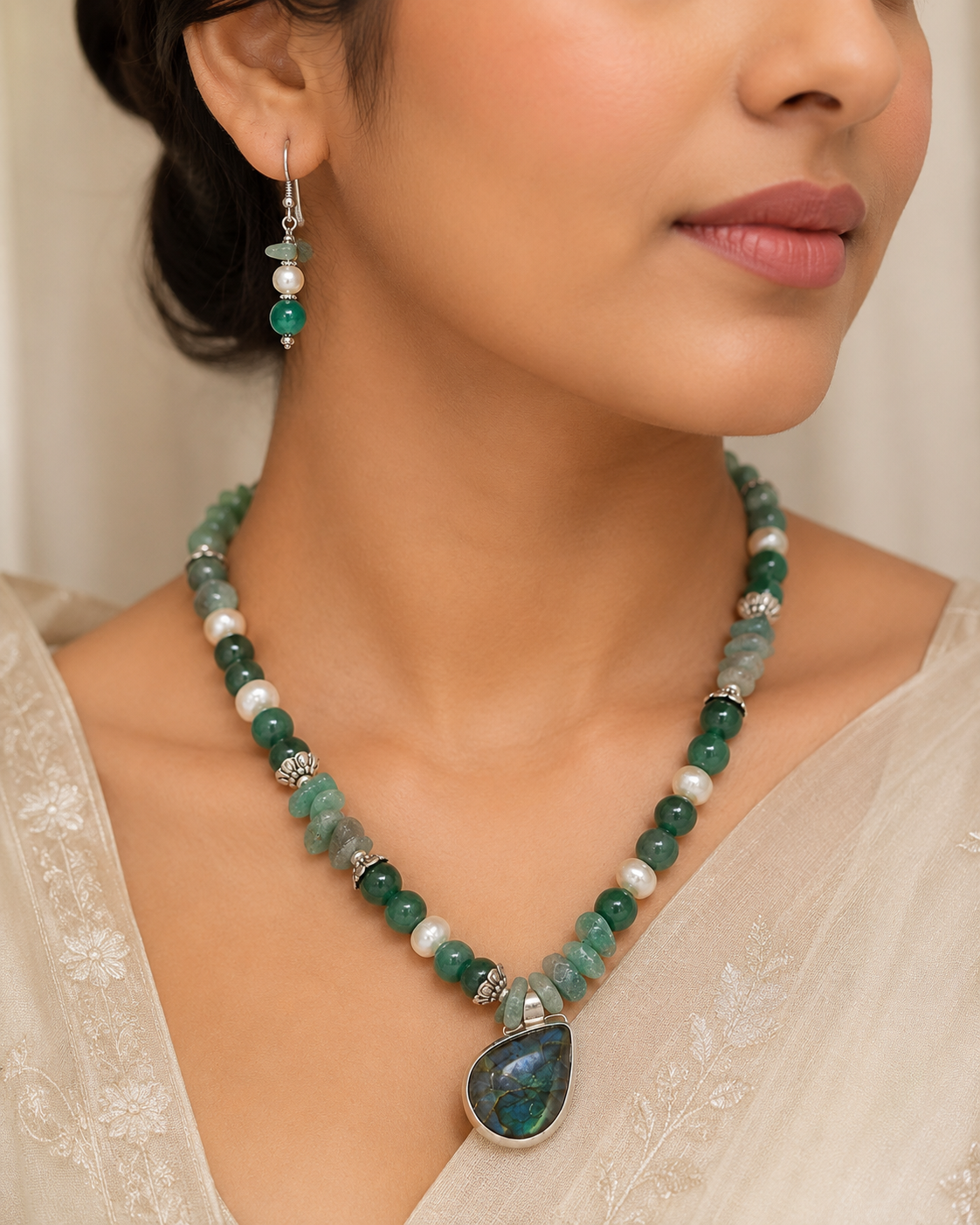Full view of Green Aventurine Teardrop Set showing necklace proportions