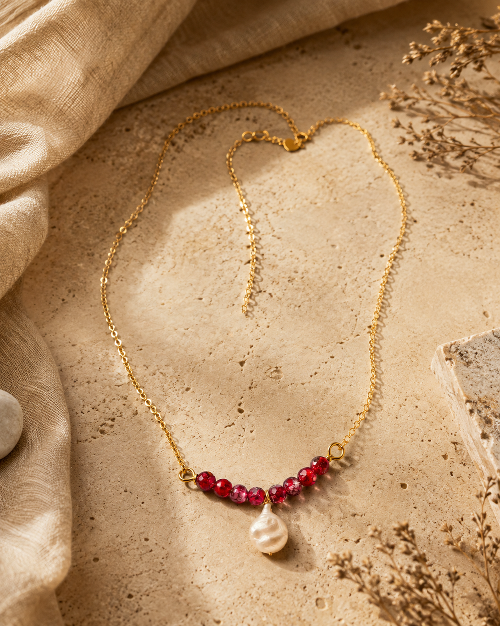 Garnet Tide Freshwater Coin Pearl Necklace – view 8 | Pathrohi