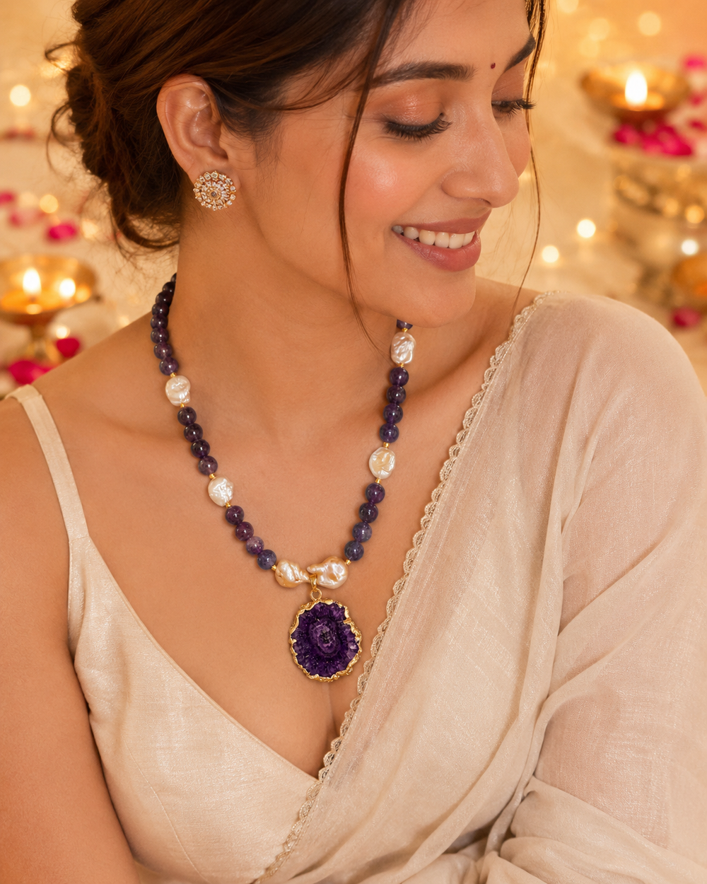 Violet Pearl Amethyst Geode Pendant Necklace – view 1 | Pathrohi