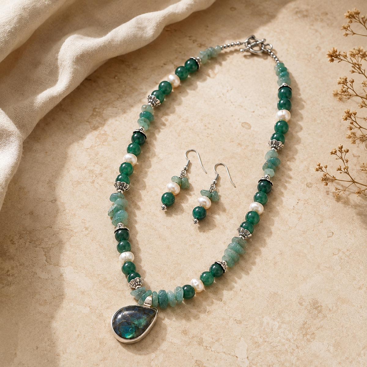 Front view of Green Aventurine Teardrop Set handcrafted by Pathrohi