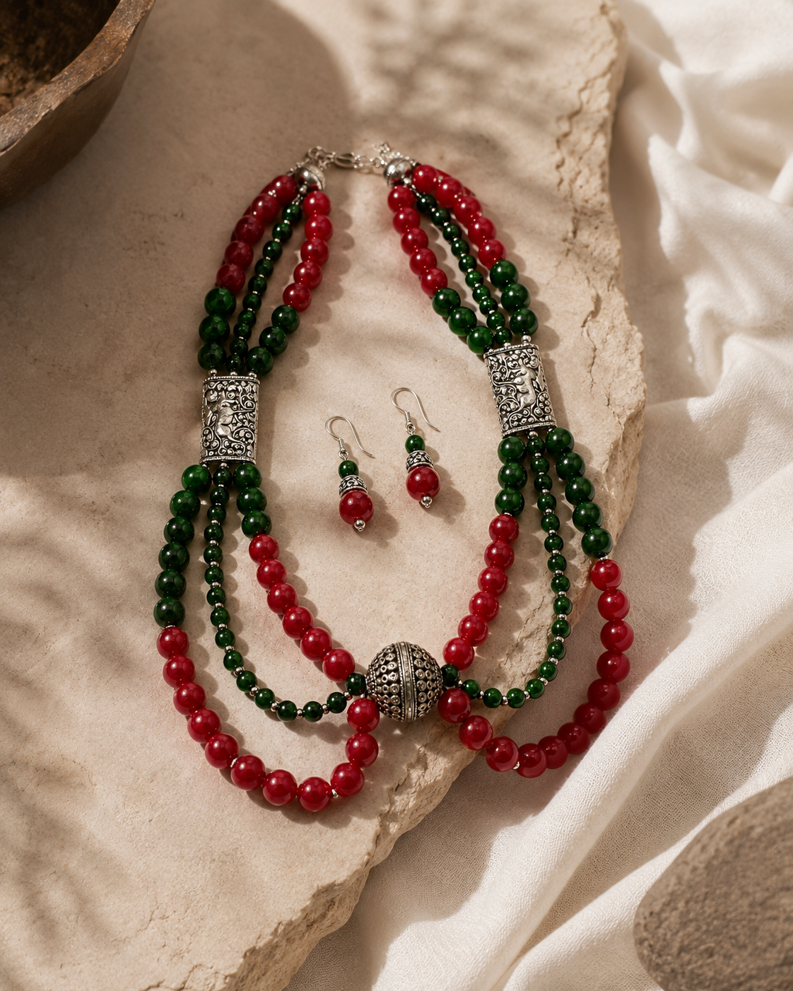 Full view of Ruby Green Multi-Layer Statement Set showing necklace proportions