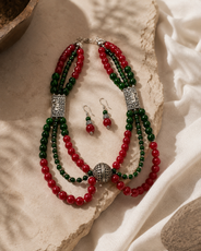 Full view of Ruby Green Multi-Layer Statement Set showing necklace proportions