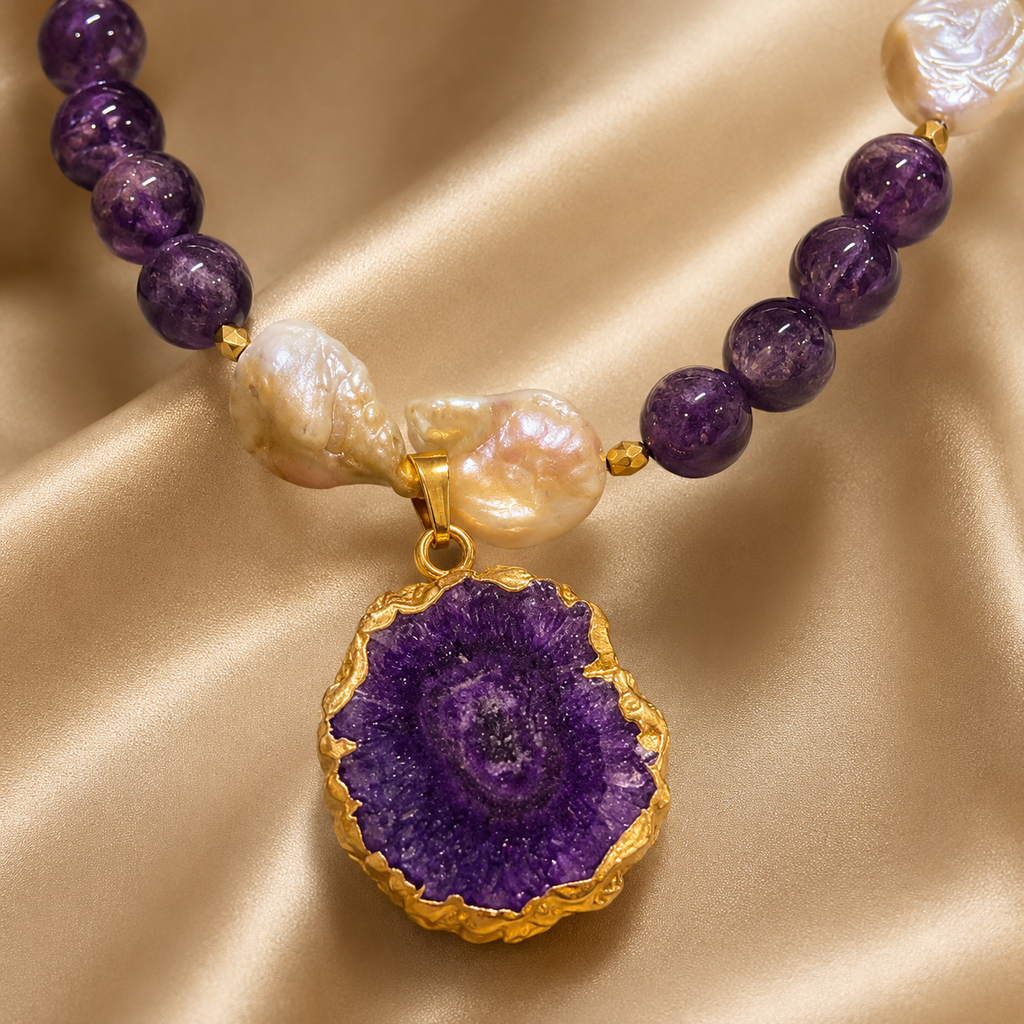 Violet Pearl Amethyst Geode Pendant Necklace – view 8 | Pathrohi