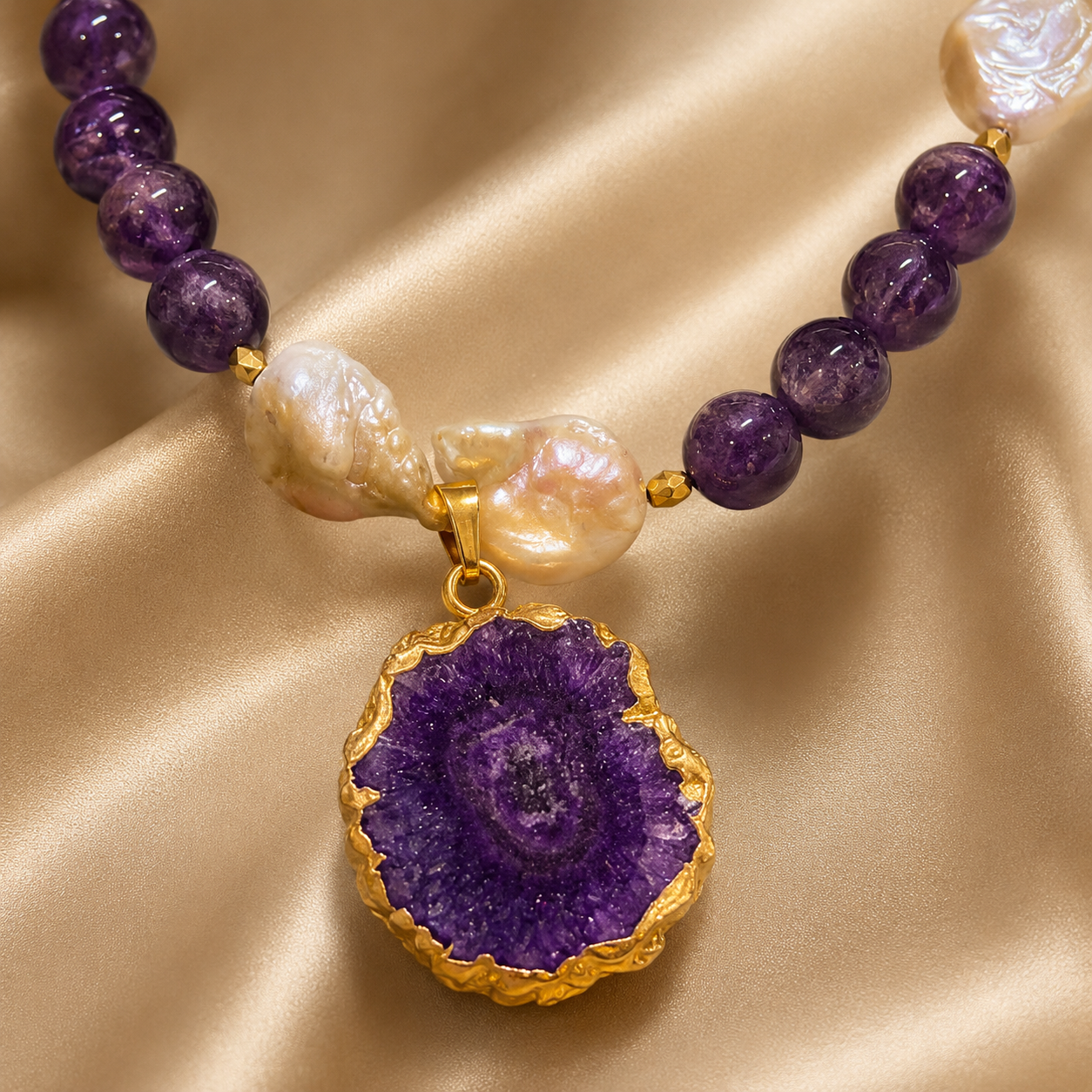 Violet Pearl Amethyst Geode Pendant Necklace – view 8 | Pathrohi