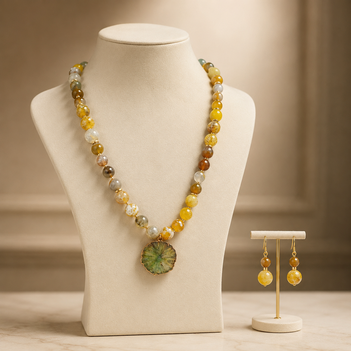 Full view of Citrine Solar Bloom Necklace Set showing necklace proportions