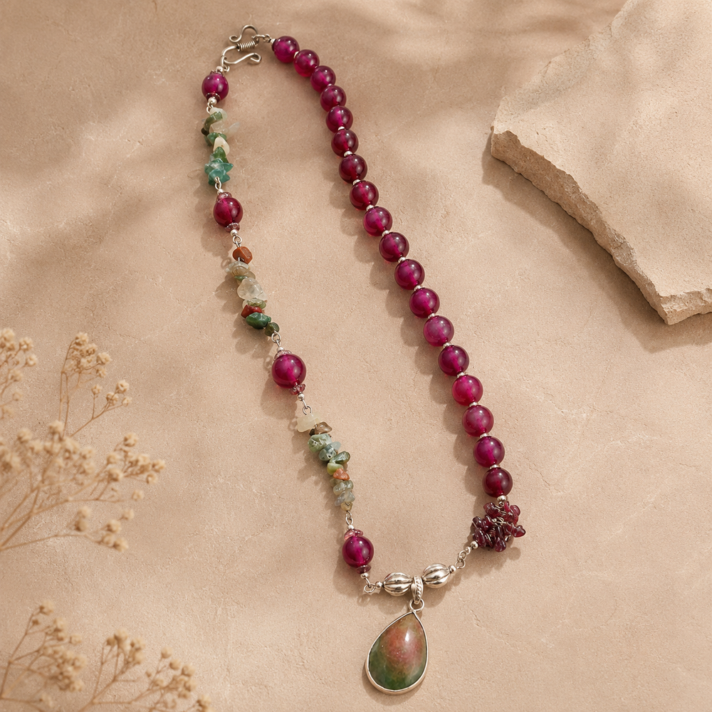 Front view of Fuchsia Garden Agate Pendant Necklace handcrafted by Pathrohi
