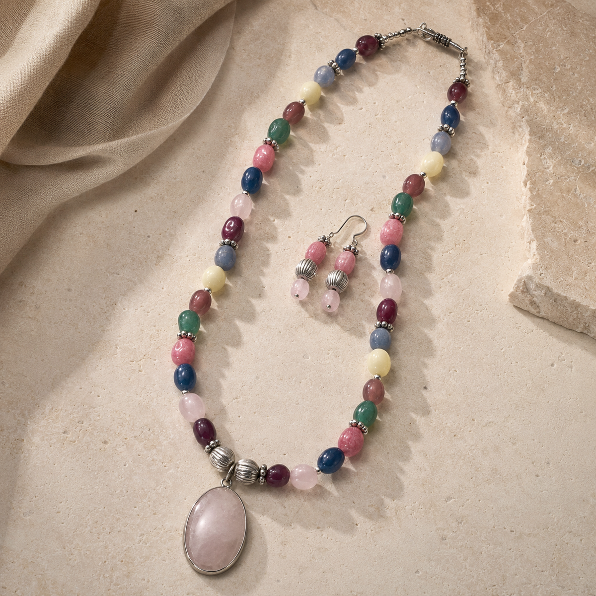 Detailed view of Pastel Rose Quartz Multicolour Set showing stone and bead arrangement