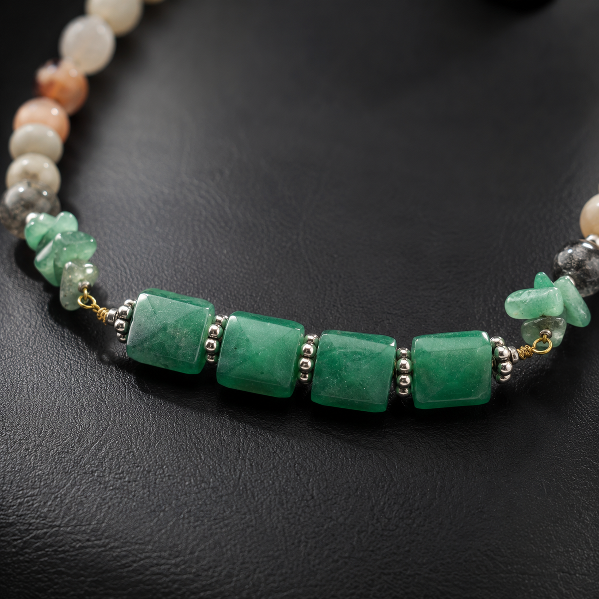 Detailed view of Aventurine Mosaic Oxidised Necklace showing stone and bead arrangement
