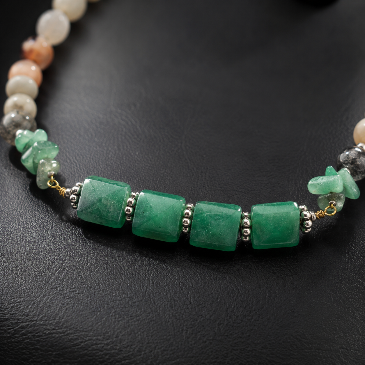 Detailed view of Aventurine Mosaic Oxidised Necklace showing stone and bead arrangement