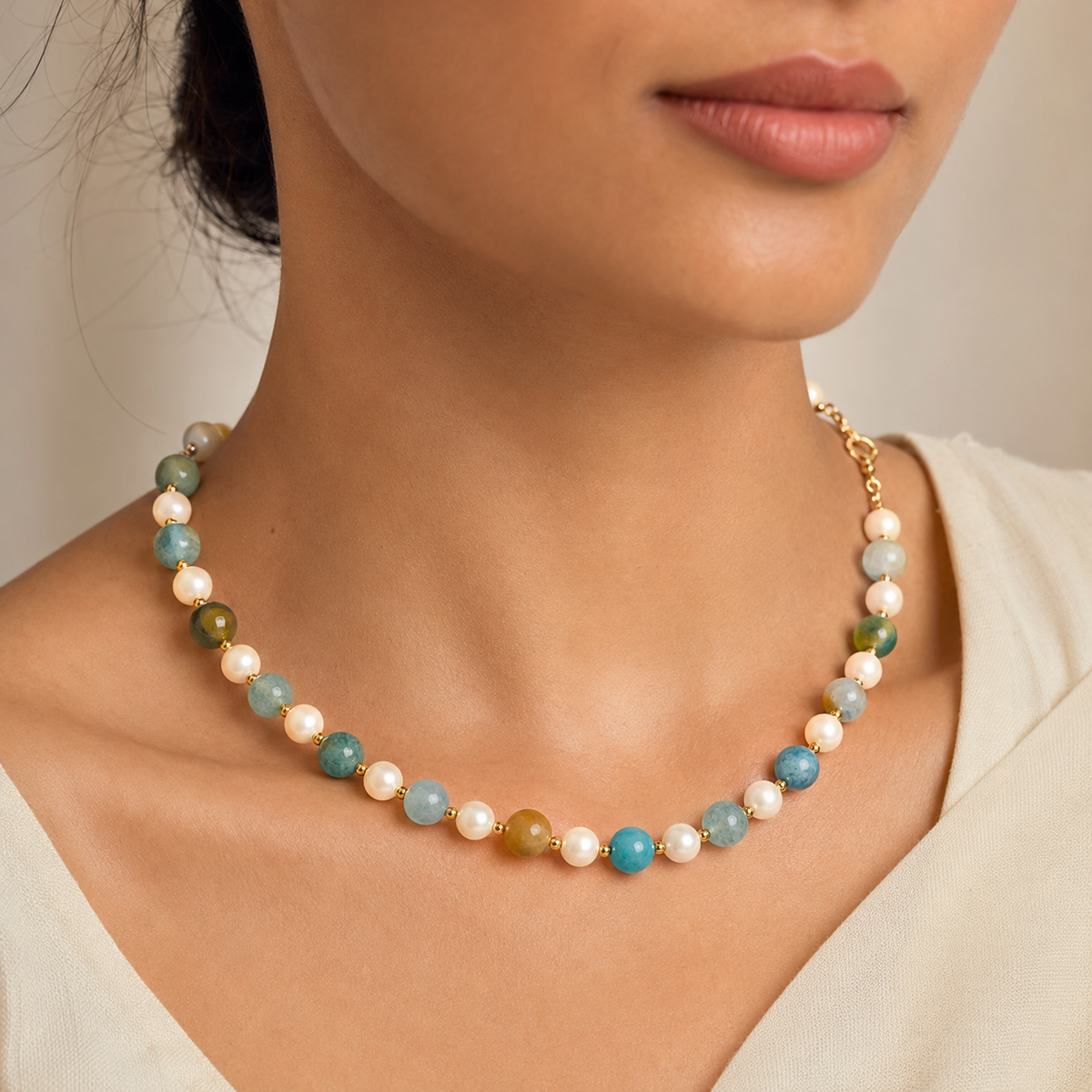 Close-up of Aqua Agate & Semi-Cultured Pearl Beaded Necklace showing pendant and finishing details