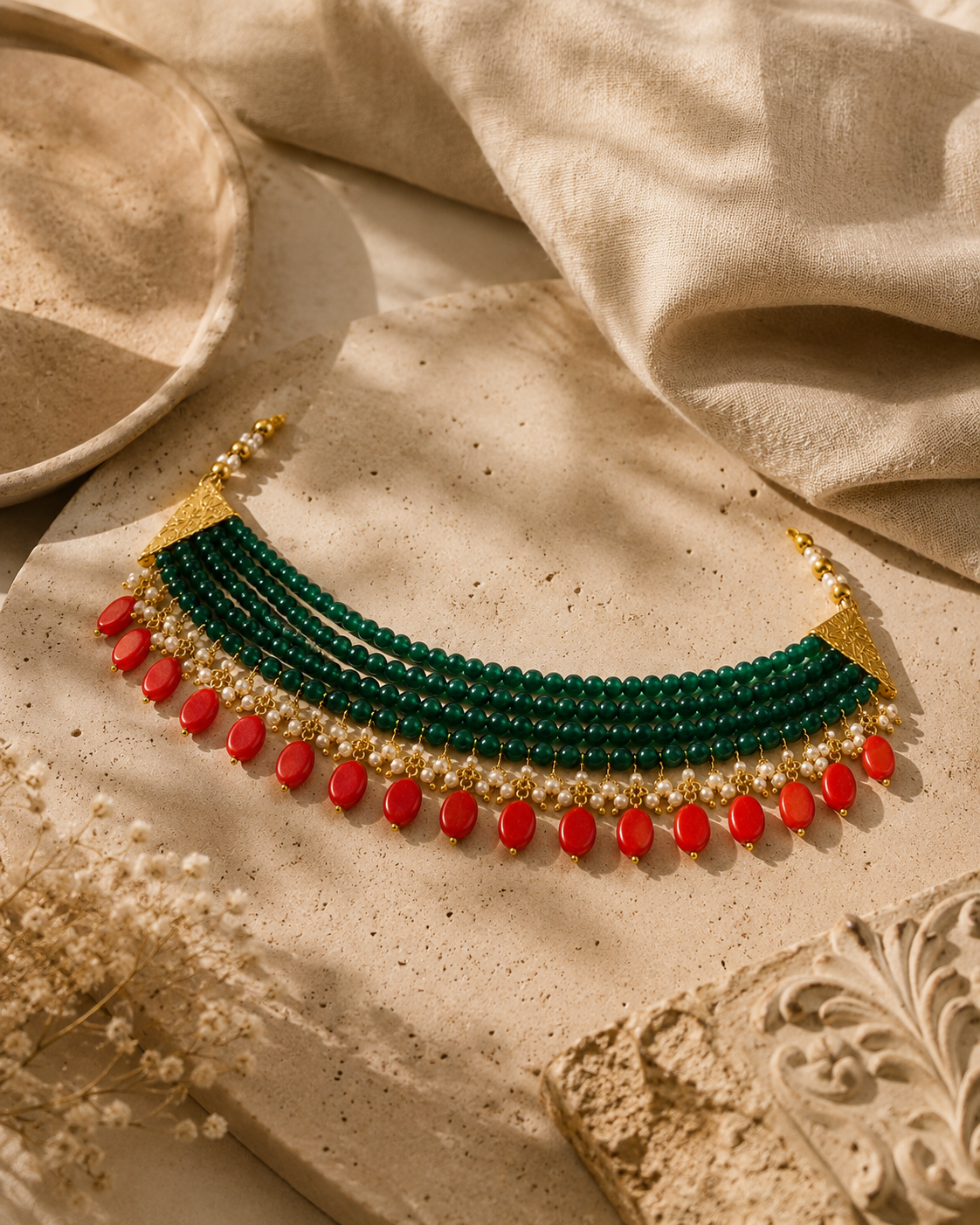 Maragatha Green & Coral Agate Choker – view 9 | Pathrohi