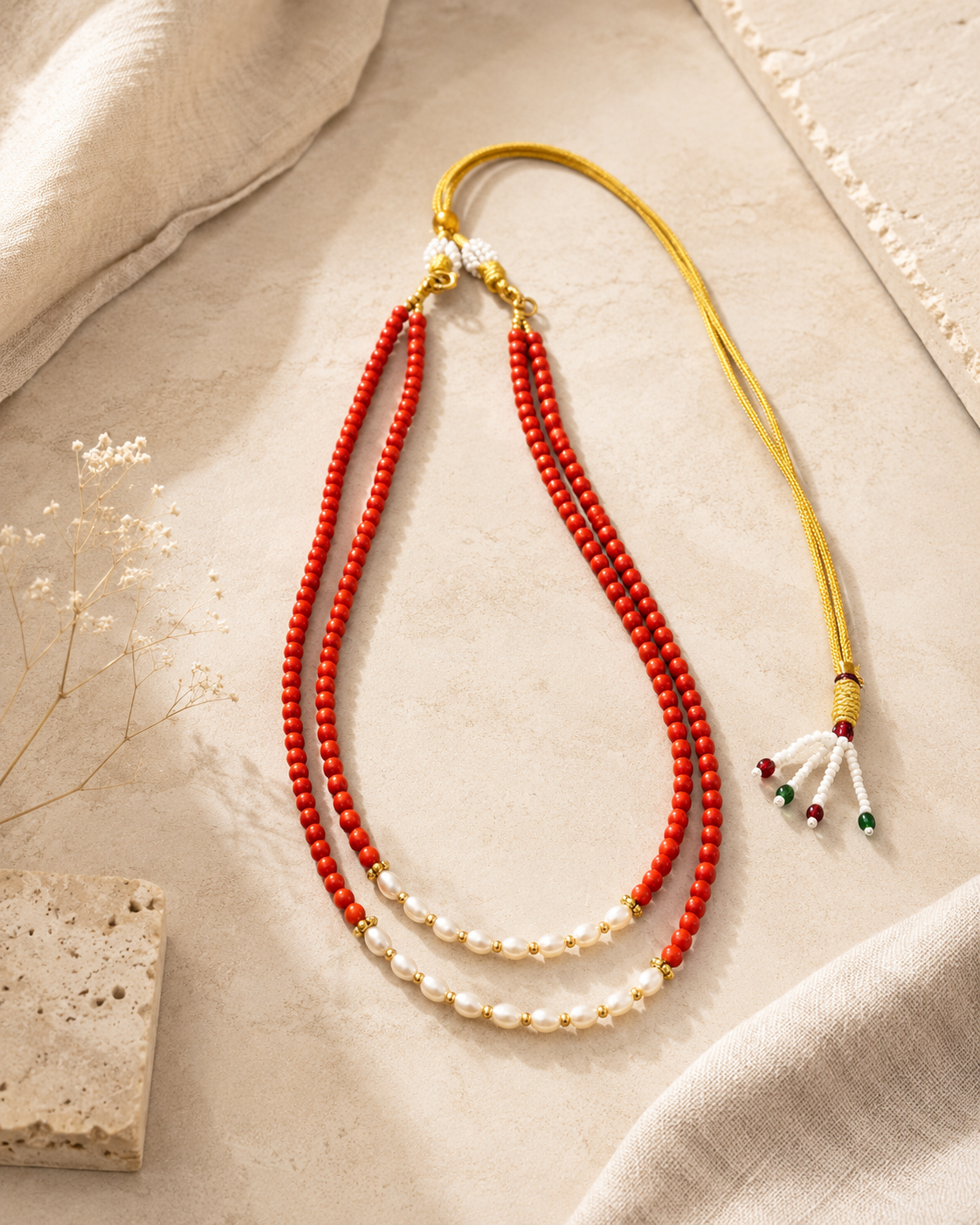 Coral & Pearl Crest Two-Layer Necklace – view 11 | Pathrohi
