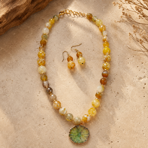 Front view of Citrine Solar Bloom Necklace Set handcrafted by Pathrohi