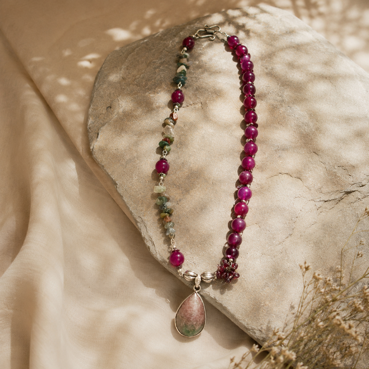 Close-up of Fuchsia Garden Agate Pendant Necklace showing pendant and finishing details