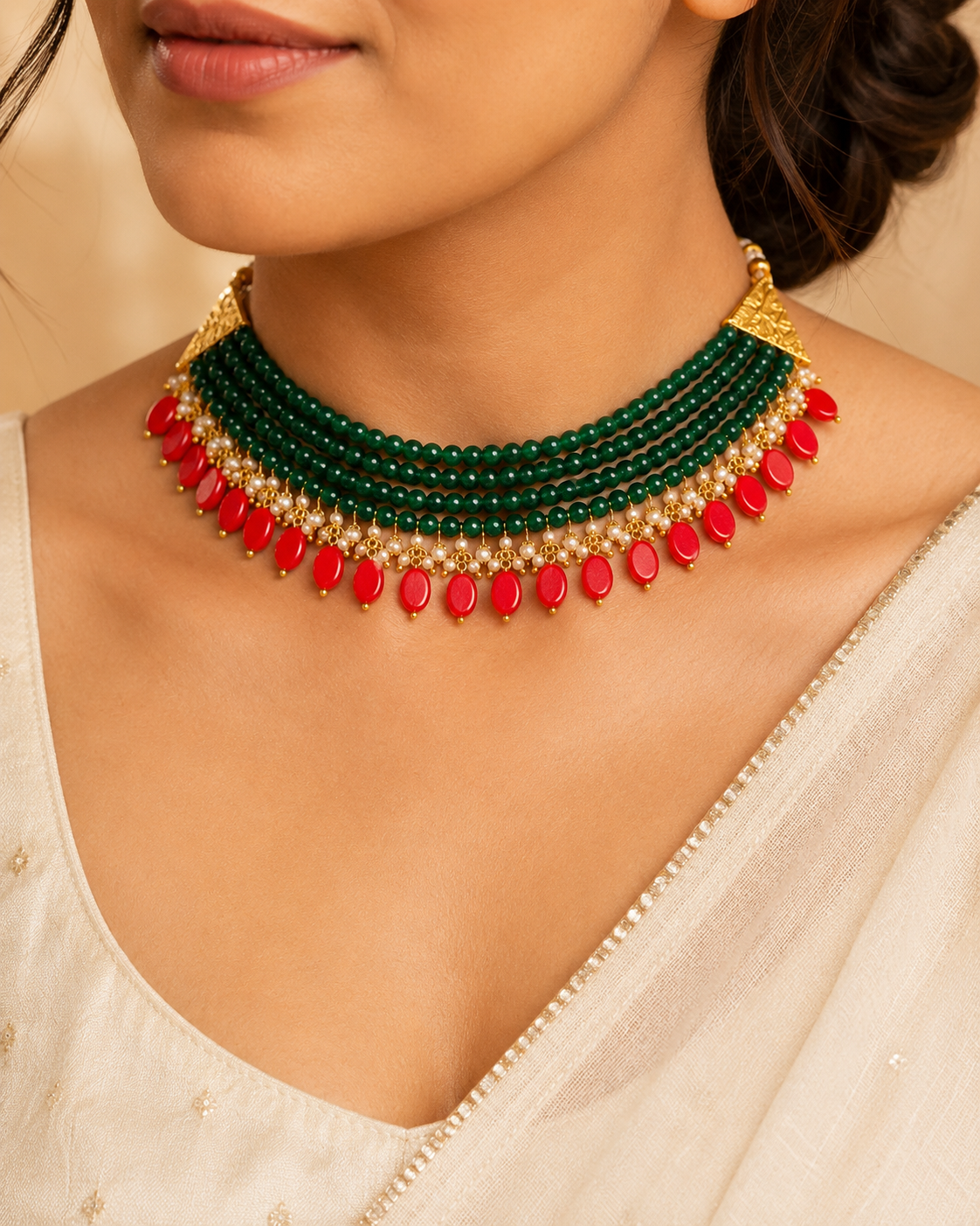 Maragatha Green & Coral Agate Choker – view 5 | Pathrohi