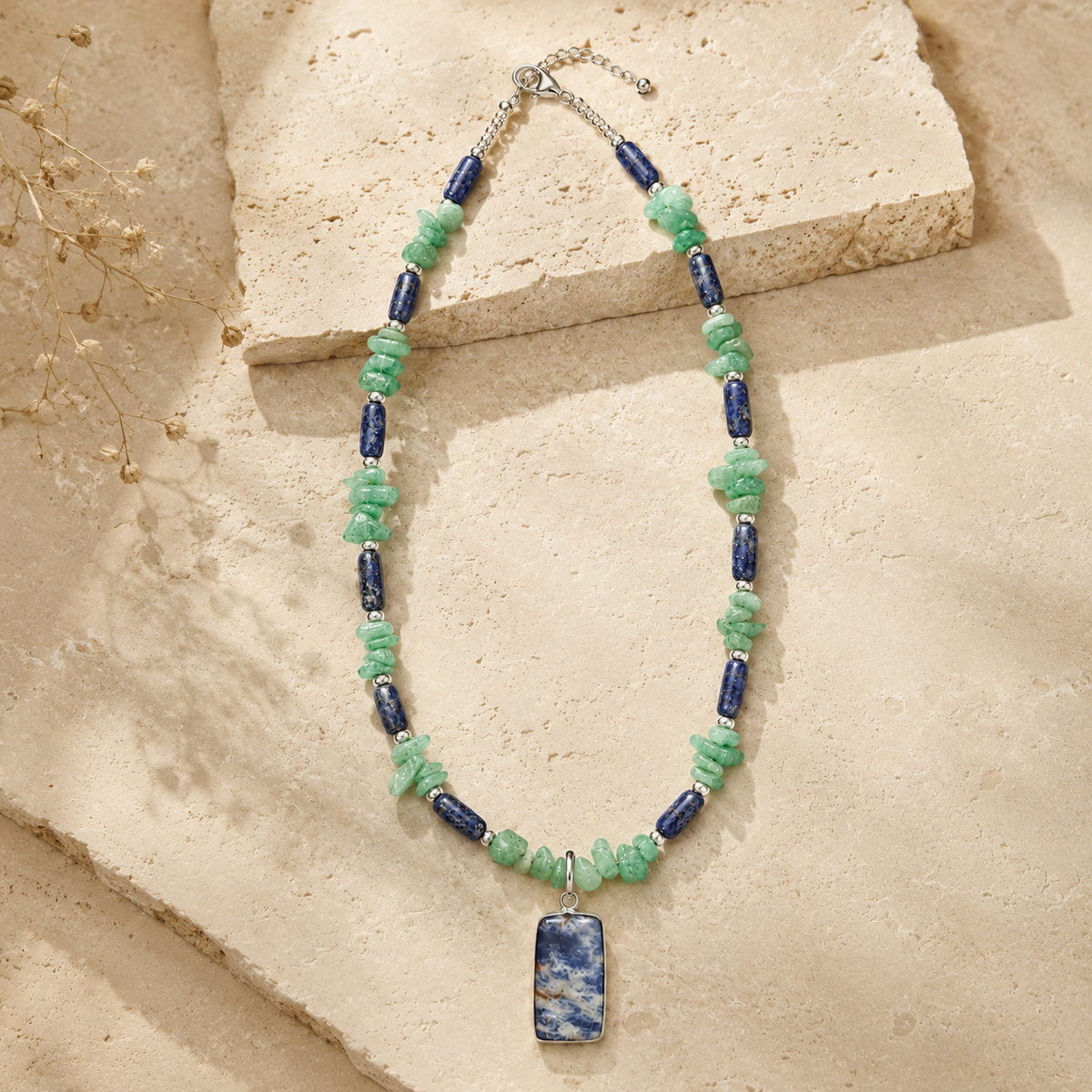 Front view of Sodalite Aventurine Pendant Necklace handcrafted by Pathrohi