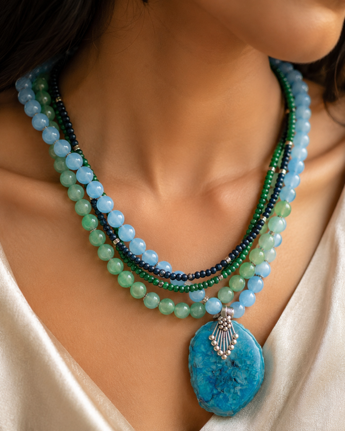 Close-up of Blue Agate Five-Layer Pendant Necklace showing pendant and finishing details